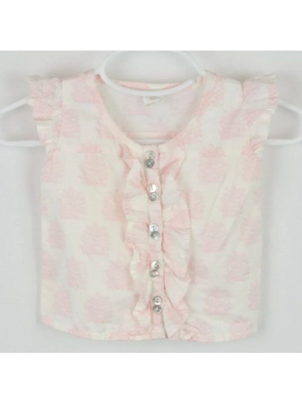 Egg Baby Infant 3-6 Months White Pink Tree Print Button Up Ruffle Sleeve Blouse